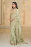Arpita Mehta_Green Tissue, Net Embroidery, Sequins, Zari, Tassels V-neck Hand Sari Set _Online_at_Aza_Fashions
