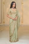 Buy_Arpita Mehta_Green Tissue, Net Embroidery, Sequins, Zari, Tassels V-neck Hand Sari Set _Online_at_Aza_Fashions