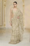 Buy_Arpita Mehta_Gold Net Embroidery, Zari, Sequins Sweetheart Hand Ruffle Pre-draped Sari Set _at_Aza_Fashions