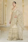 Arpita Mehta_Gold Net Embroidery, Zari, Sequins Sweetheart Hand Ruffle Pre-draped Sari Set _Online_at_Aza_Fashions