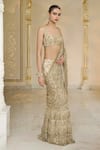 Buy_Arpita Mehta_Gold Net Embroidery, Zari, Sequins Sweetheart Hand Ruffle Pre-draped Sari Set _Online_at_Aza_Fashions