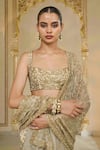 Shop_Arpita Mehta_Gold Net Embroidery, Zari, Sequins Sweetheart Hand Ruffle Pre-draped Sari Set _Online_at_Aza_Fashions