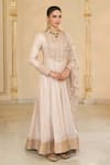Buy_Arpita Mehta_Rose Gold Tissue, Net, Dupion Embroidery, Hand Long Anarkali And Jaal Dupatta Set _Online_at_Aza_Fashions