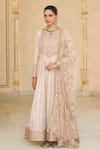 Arpita Mehta_Rose Gold Tissue, Net, Dupion Embroidery, Hand Long Anarkali And Jaal Dupatta Set _at_Aza_Fashions
