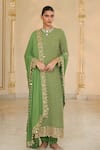 Buy_Arpita Mehta_Olive Green Georgette, Dupion Star Pattern Kurta, Churidar And Dupatta Set _at_Aza_Fashions