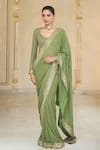 Buy_Arpita Mehta_Olive Green Georgette Embroidery, Mirrors, Sequins Scoop Shand Star Saree Set _at_Aza_Fashions