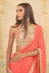 Arpita Mehta_Coral Georgette, Net Sequins, Zari, Mirrors, Ruffle Sari Set With Work Blouse _Online_at_Aza_Fashions