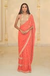 Buy_Arpita Mehta_Coral Georgette, Net Sequins, Zari, Mirrors, Ruffle Sari Set With Work Blouse _at_Aza_Fashions