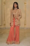 Buy_Arpita Mehta_Coral Georgette Embroidery, Mirrors, Sequins, Linear Jacket Blouse And Sharara Set _at_Aza_Fashions