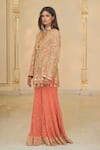Shop_Arpita Mehta_Coral Georgette Embroidery, Mirrors, Sequins, Linear Jacket Blouse And Sharara Set _Online_at_Aza_Fashions