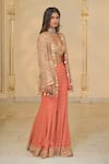 Arpita Mehta_Coral Georgette Embroidery, Mirrors, Sequins, Linear Jacket Blouse And Sharara Set _at_Aza_Fashions