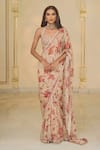 Buy_Arpita Mehta_Beige Organza, Net Mirrors, Embroidery, Sequins Bloom Print Sari Set With Hand _at_Aza_Fashions