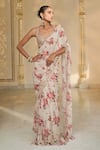 Arpita Mehta_Beige Georgette, Net Sequins, Zari, Bloom Print Tiered Sari And Blouse _at_Aza_Fashions