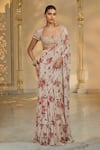Buy_Arpita Mehta_Beige Georgette, Net Ruffles, Sequins, Beads, Bloom Print Sari And Hand Blouse _at_Aza_Fashions