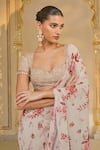 Shop_Arpita Mehta_Beige Georgette, Net Ruffles, Sequins, Beads, Bloom Print Sari And Hand Blouse _Online_at_Aza_Fashions