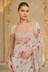 Arpita Mehta_Beige Georgette, Net Ruffles, Sequins, Beads, Bloom Print Sari And Hand Blouse _at_Aza_Fashions