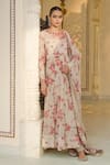 Buy_Arpita Mehta_Beige Georgette, Cotton, Silk Red Bloom Print And Rose Gold Anarkali Set _at_Aza_Fashions