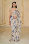 Buy_Arpita Mehta_Beige Organza, Net Sequins, Stones, Bloom Print And Rose Gold Sari Set _at_Aza_Fashions
