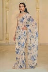 Shop_Arpita Mehta_Beige Organza, Net Sequins, Stones, Bloom Print And Rose Gold Sari Set _Online_at_Aza_Fashions