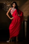 Buy_Babita Malkani_Red Silk , Sequins, Stones Pre-draped Saree With Embroidered Blouse _at_Aza_Fashions