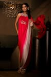 Buy_Babita Malkani_Red Silk Satin Sequins, Stones, Tassels Halter Neck Ombre Cutdana Saree Gown _at_Aza_Fashions