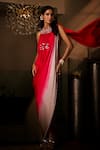 Buy_Babita Malkani_Red Silk Satin Sequins, Stones, Tassels Halter Neck Ombre Cutdana Saree Gown _Online_at_Aza_Fashions