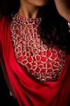 Babita Malkani_Red Satin Beads, Pearls, Crystals, Ombre Cowl Draped Tunic And Tulip Pant Set _at_Aza_Fashions