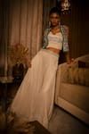 Buy_Babita Malkani_Ivory Satin Crystals, Sequins, Crushed Fabric Bustier Jacket And Flared Pant Set _Online_at_Aza_Fashions