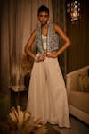 Buy_Babita Malkani_Ivory Satin Crystals, Sequins, Crushed Fabric Bustier Jacket And Flared Pant Set _at_Aza_Fashions