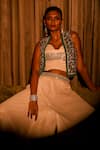 Shop_Babita Malkani_Ivory Satin Crystals, Sequins, Crushed Fabric Bustier Jacket And Flared Pant Set _Online_at_Aza_Fashions