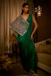 Buy_Babita Malkani_Emerald Green Satin, Net Crystals, Draped Saree Gown With Embroidered Tulle Cape _at_Aza_Fashions