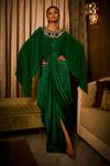 Buy_Babita Malkani_Emerald Green Satin Crystals, Pearls, Sequins Cape Drape And Embellished Dress _at_Aza_Fashions