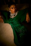 Babita Malkani_Emerald Green Satin Crystals, Pearls, Sequins Cape Drape And Embellished Dress _at_Aza_Fashions