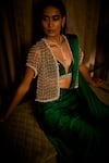 Shop_Babita Malkani_Emerald Green Silk Satin Pearls, Beads And Cutdana Embroidered Cape Saree Set _Online_at_Aza_Fashions