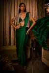Buy_Babita Malkani_Emerald Green Silk Satin Pearls, Beads And Cutdana Embroidered Cape Saree Set _at_Aza_Fashions