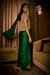 Babita Malkani_Emerald Green Silk Satin Pearls, Beads And Cutdana Embroidered Cape Saree Set _Online_at_Aza_Fashions
