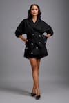 Buy_Deepika Arora_Black Cotton Bows, Crystals V-neck, Tailored Playsuit With Embellished Belt _at_Aza_Fashions