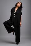 Shop_Deepika Arora_Black Linen Crystals V-neck Embellished Top And Pant Set _Online_at_Aza_Fashions