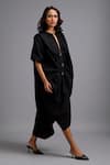 Deepika Arora_Black Cotton Buckles V-neck, Mandarin Collar Oversize Draped Kaftan Dress  _Online_at_Aza_Fashions