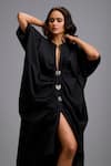 Shop_Deepika Arora_Black Cotton Buckles V-neck, Mandarin Collar Oversize Draped Kaftan Dress  _Online_at_Aza_Fashions