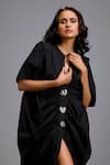 Deepika Arora_Black Cotton Buckles V-neck, Mandarin Collar Oversize Draped Kaftan Dress  _at_Aza_Fashions