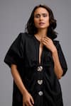 Buy_Deepika Arora_Black Cotton Buckles V-neck, Mandarin Collar Oversize Draped Kaftan Dress  