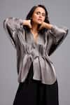 Deepika Arora_Gray V-neck Pleated Peplum Top  _at_Aza_Fashions