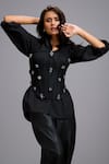 Deepika Arora_Black Leather, Net Rhinestones Collared, Embellished Corset Shirt And Pant Set _Online