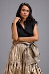 Buy_Deepika Arora_Black Cotton Bows Collared Sleeveless Shirt And Metallic High-low Skirt Set _Online_at_Aza_Fashions