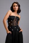Shop_Deepika Arora_Black Net Rhinestones, Stones Bandeau Neck Embellished Sheer Corset And Pant Set 