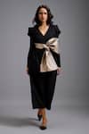 Buy_Deepika Arora_Black Ponte Roma Bows V-neck Structured Jumpsuit With Contrast Belt _at_Aza_Fashions