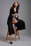 Shop_Deepika Arora_Black Ponte Roma Bows V-neck Structured Jumpsuit With Contrast Belt 