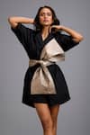 Buy_Deepika Arora_Black Cotton Bows Collared, Notched Neck Lapel Playsuit With Belt _at_Aza_Fashions