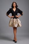 Buy_Deepika Arora_Black Ponte Roma Metallic Thread V-neck Puff Sleeve Bubble Hem Dress _at_Aza_Fashions